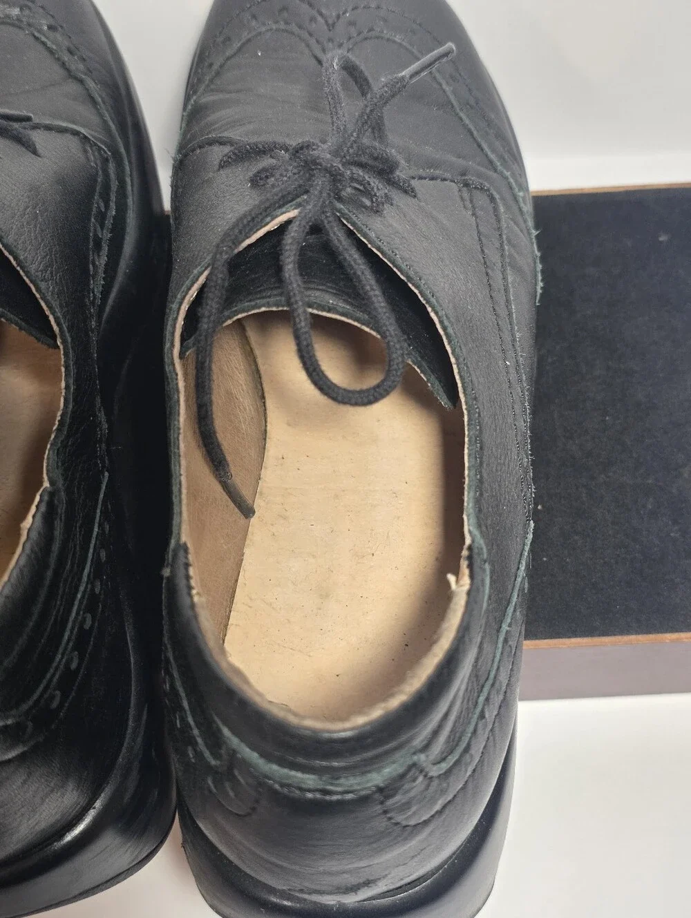 Vintage Black Leather Platform Oxford Shoes Wingtip Brogue Lace Up Women Size 37